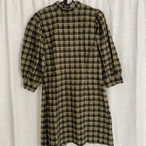 Ganni Green plaid gingham puff sleeve mini dress